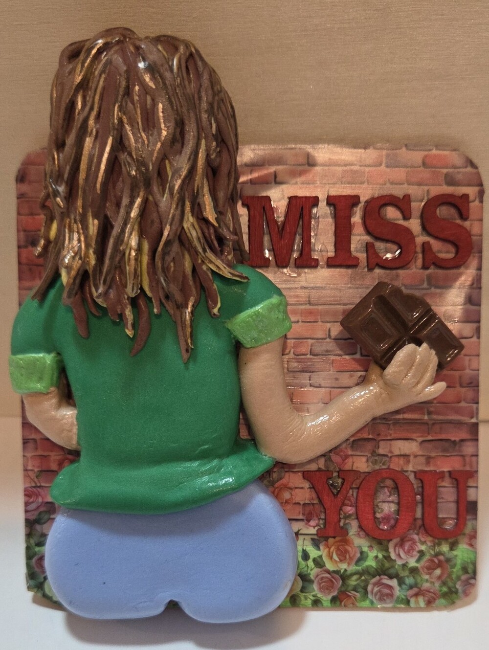 Handmade "Miss You" Magnet or Shelf Sitter Eating Chocolate!